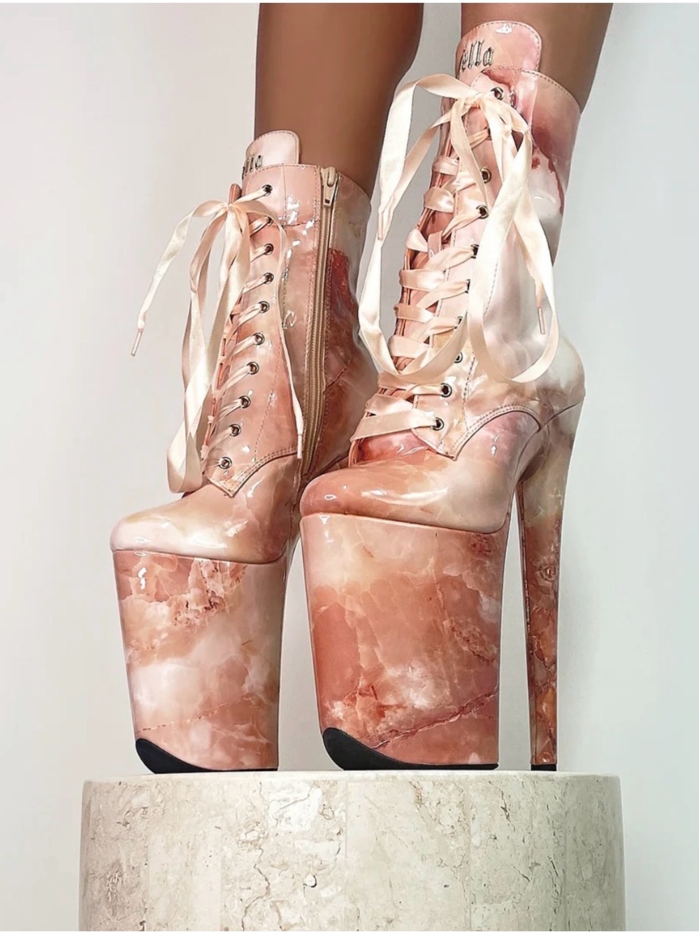 Peach Marble High Platform Lace-Up Ankle Boots - Mercy Boot - 9 INCH